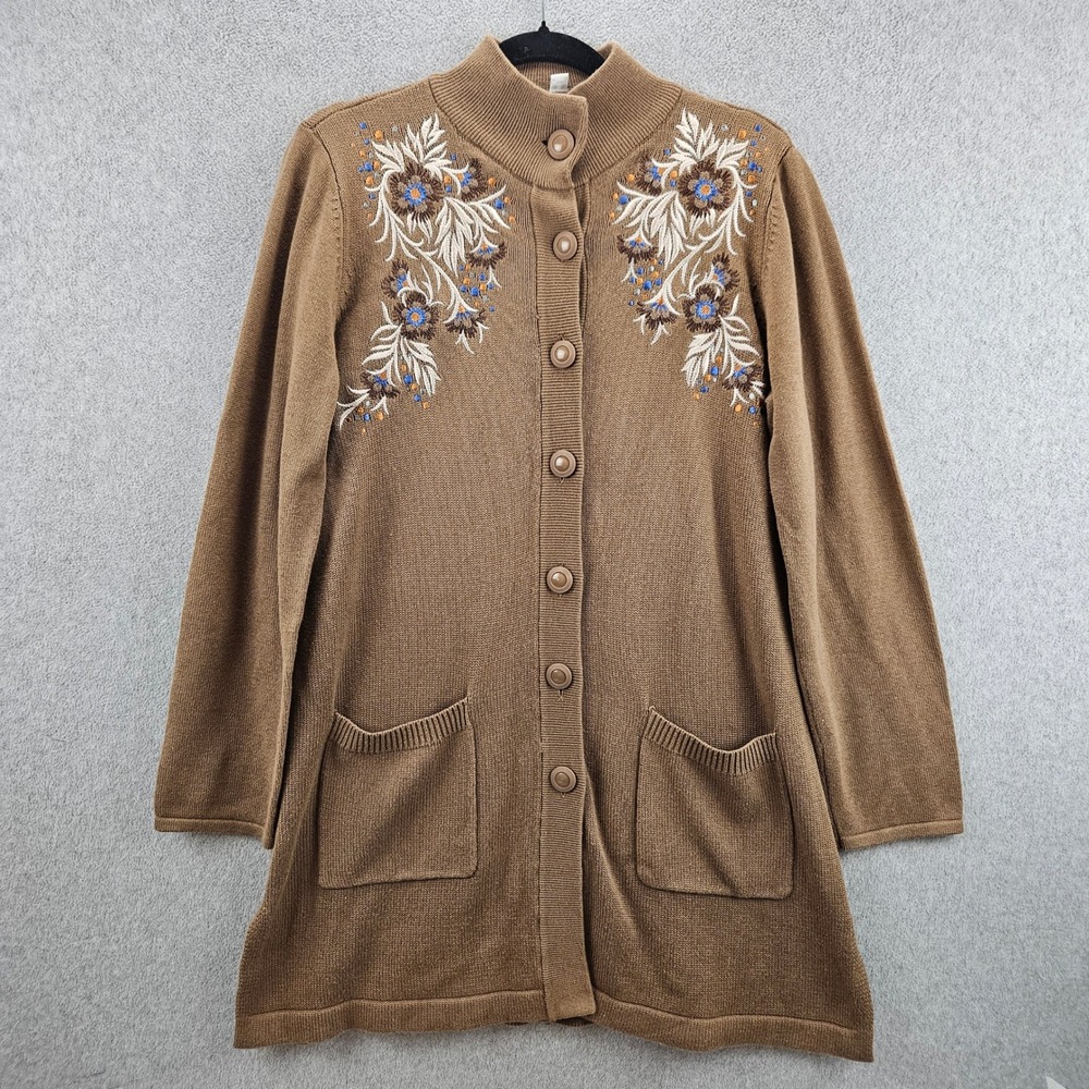 BOB MACKIE Cardigan Women M Brown Floral Embroidered Long Sleeve Mock Neck Coat